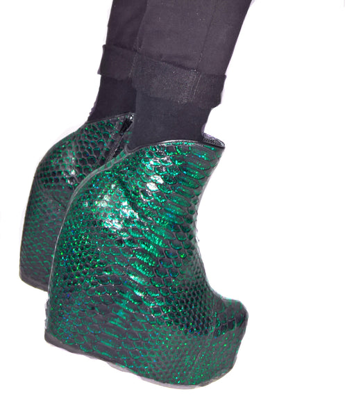 Model Wearing Mermaid Style Sea Green Platform Wedge Boots in Genuine Python Leather