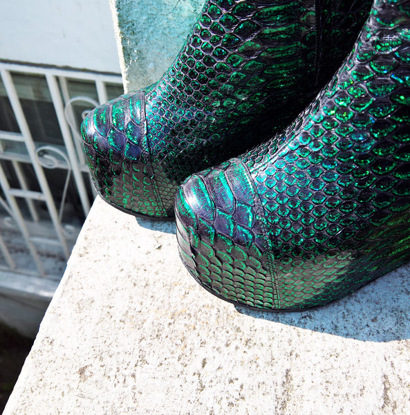 Mermaid Style Sea Green Platform Wedge Boots in Genuine Python Leather