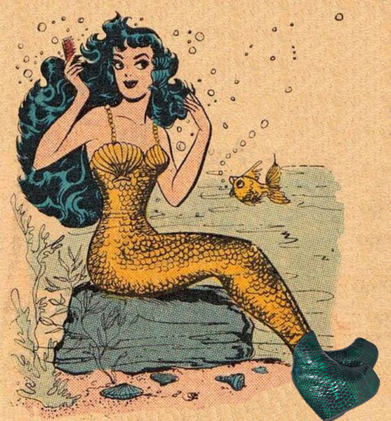 Mermaid Style Sea Collage with Vintage Mermaid Illustration wearing Green Platfrom Wedge Boots in Genuine Python Leather
