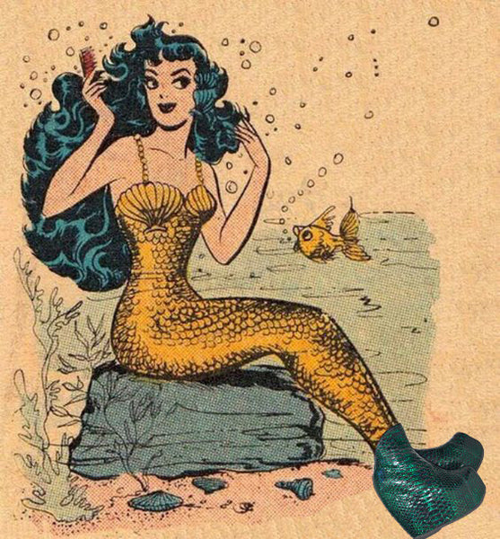Mermaid Style Sea Collage with Vintage Mermaid Illustration wearing Green Platfrom Wedge Boots in Genuine Python Leather