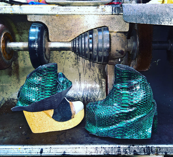 Making and lasting sea geen python leather mermaid style boots