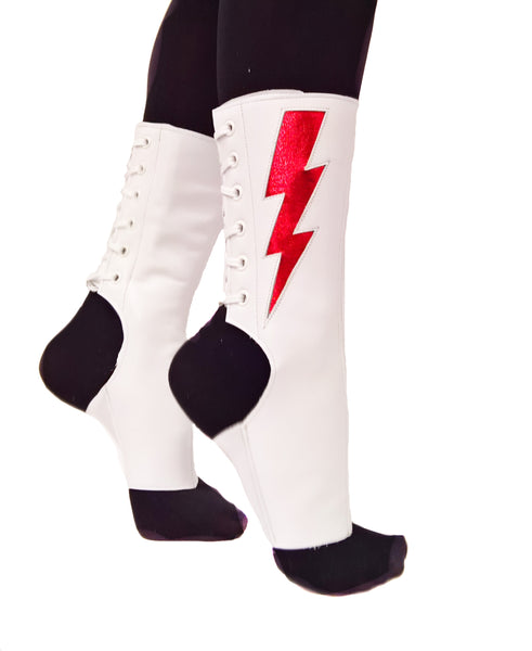 "Mini Ziggy" Short White Aerial boots w/ Red metallic Lightning Bolt