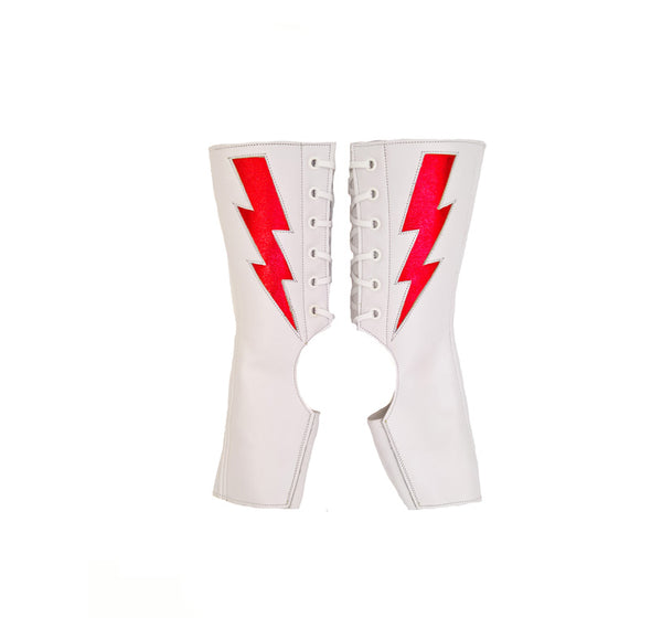 "Mini Ziggy" Short White Aerial boots w/ Red metallic Lightning Bolt