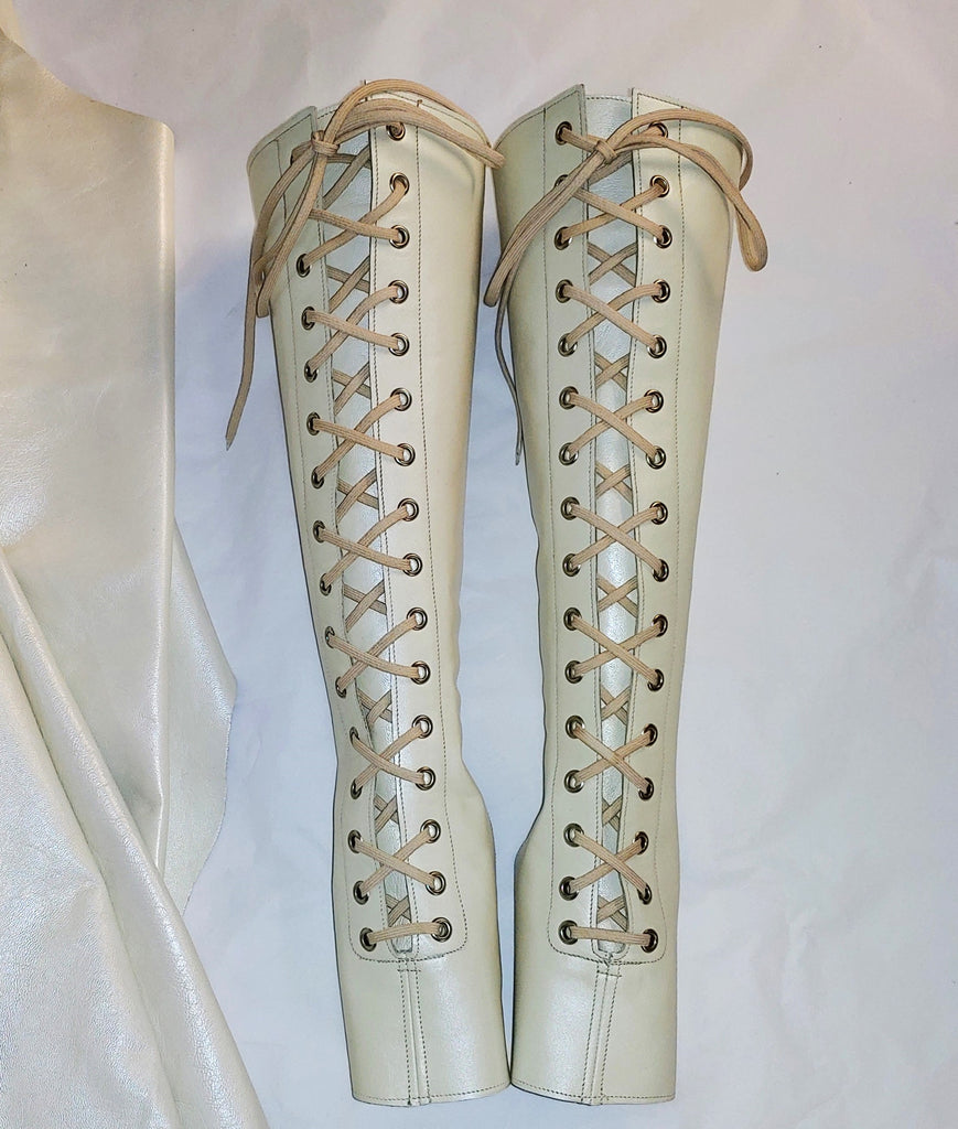 Beige Stretchy Boot Laces Knee High Chunky Platform Boots: Womens