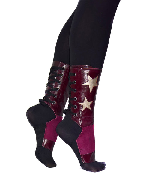 SHORT Burgundy Stardust Aerial boots w/ Gold Stars + Grip Panel