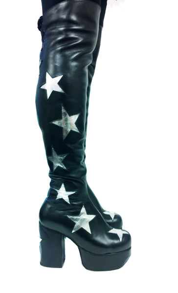 Stardust Overknee Black Long Platform Leather Circus Boots Silver Stars 70's