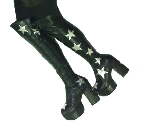Wearing Stardust Overknee Black Long Platform Leather Circus Boots Silver Stars 70's