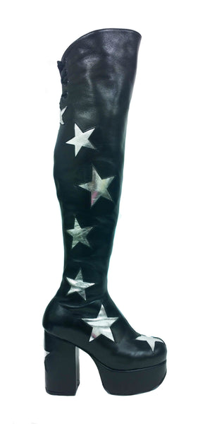 Stardust Overknee Black Long Platform Leather Circus Boots Silver Stars 70's