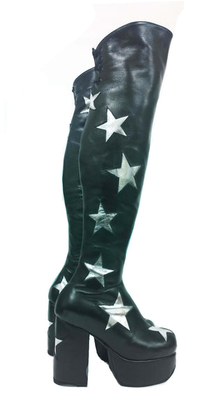 Stardust Overknee Black Long Platform Leather Circus Boots Silver Stars 70's