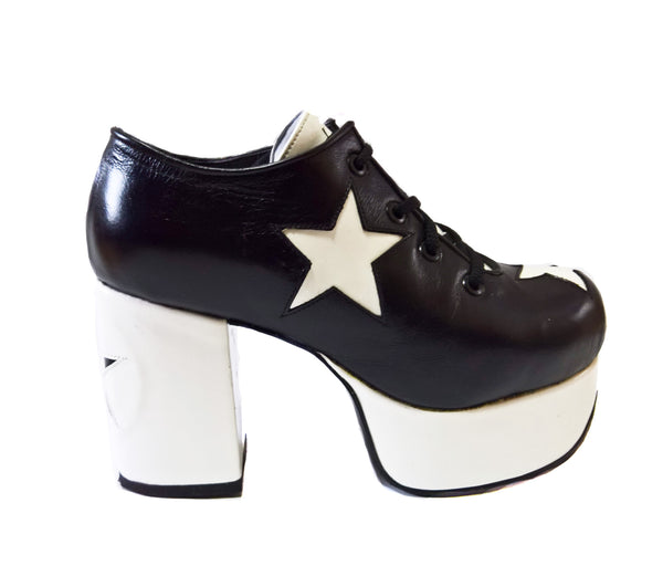 Stardust Platform Leather Shoes in Black and White with Stars - 70s Retro