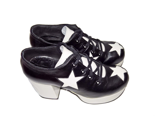 Stardust Platform Leather Shoes in Black and White with Stars - 70s Retro
