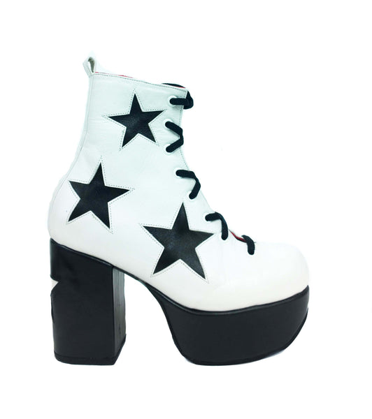 Stardust Platform Vegan or Real Leather Ankle Boots White Black Stars Side View