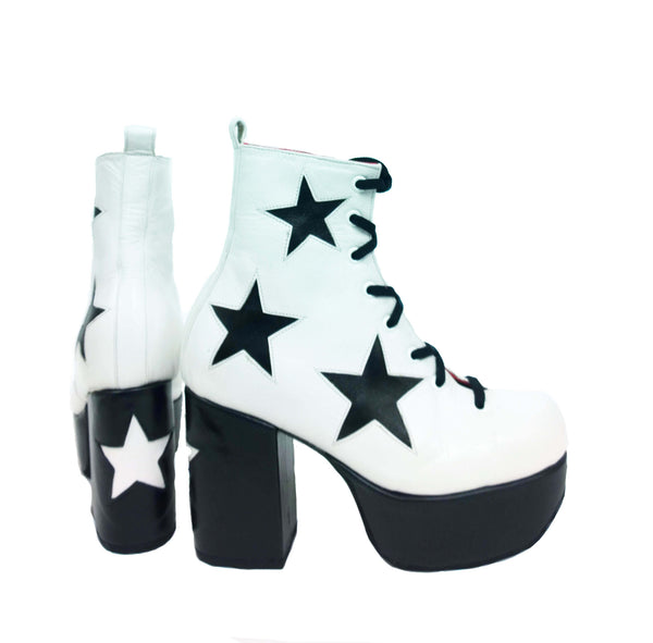 Stardust Platform Vegan or Real Leather Ankle Boots White Black Stars