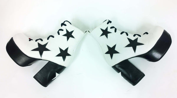 Stardust Platform Vegan or Real Leather Ankle Boots White Black Stars Pair