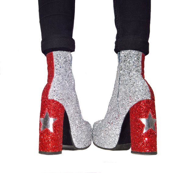 STARDUST "Harlequin" Platform Ankle Boots in Red & Silver Glitter