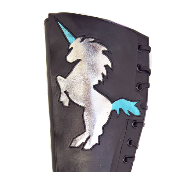 SHORT Black Aerial boots w/ Silver & Blue metallic UNICORNS + Suede Grip