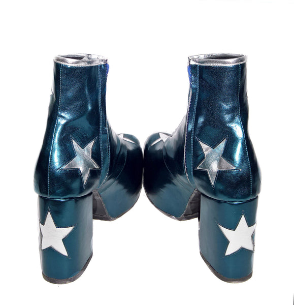 Vegan Stardust Metallic Teal Platform Ankle Boots with Silver Stars from the back