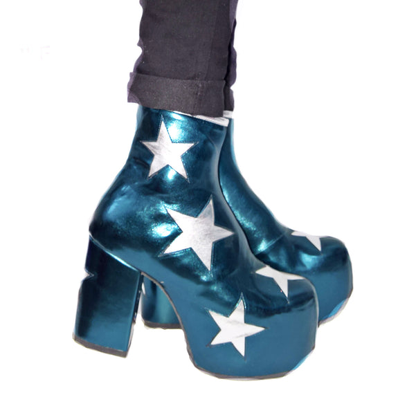 Wearing Vegan Stardust Metallic Teal Platform Ankle Boots with Silver Stars