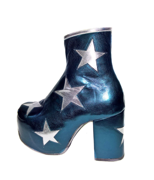 Vegan Stardust Metallic Teal Platform Ankle Boots with Silver Stars single shoe