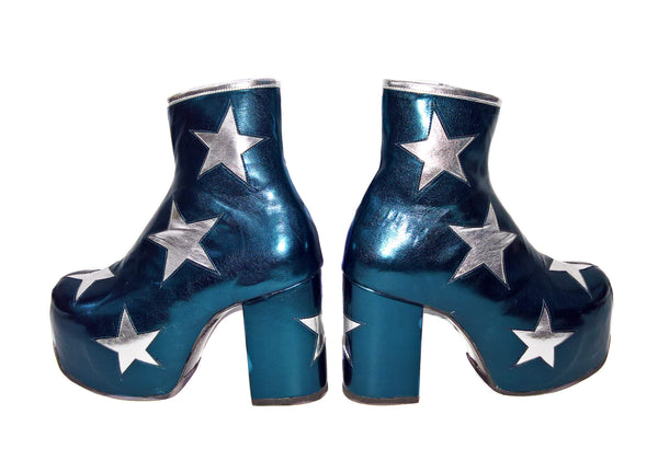 Vegan Stardust Metallic Teal Platform Ankle Boots with Silver Stars Pair