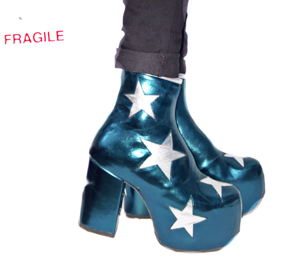 Vegan Stardust Metallic Teal Platform Ankle Boots with Silver Stars Press Shot