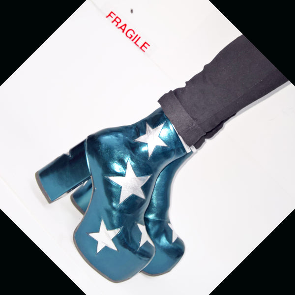 Vegan Stardust Metallic Teal Platform Ankle Boots with Silver Stars Press Shot