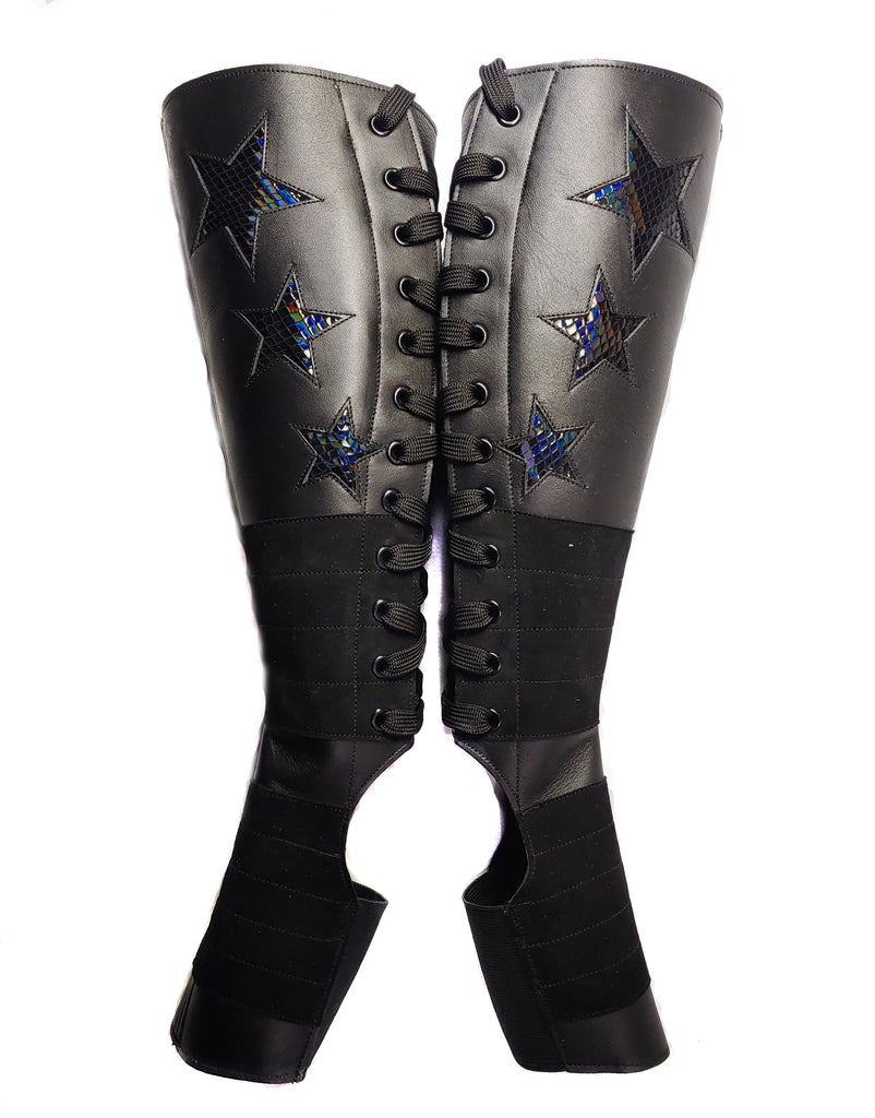 Black Aerial boots w/ 3 Black REFLECTIVE SNAKE PRINT STARS + Suede Grip