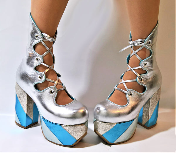 Silver/Blue GLAM Striped Platform Boots