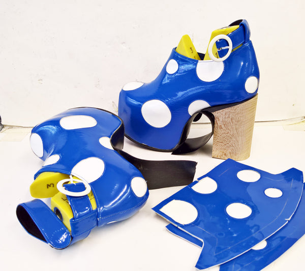 Cartoon Polkadot Platform Shoes - Blue & White Patent
