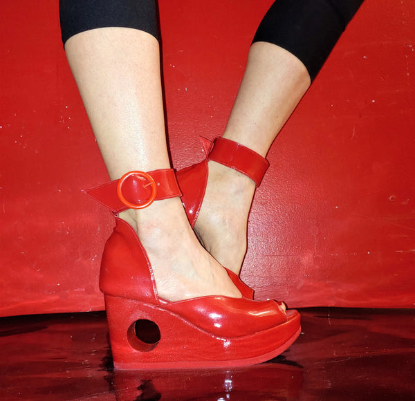 Red PEEPHOLE Platform Sandals