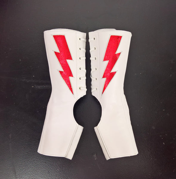 SHORT White Aerial boots w/ Red metallic lightning bolt