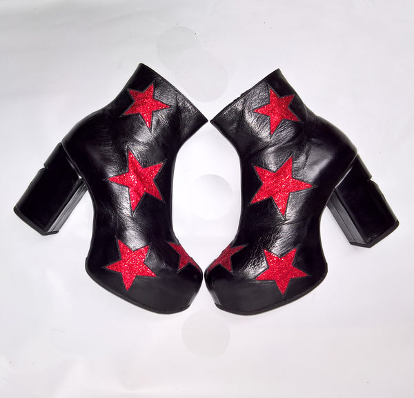 STARDUST Platform Ankle Boots - Black with Red Stars