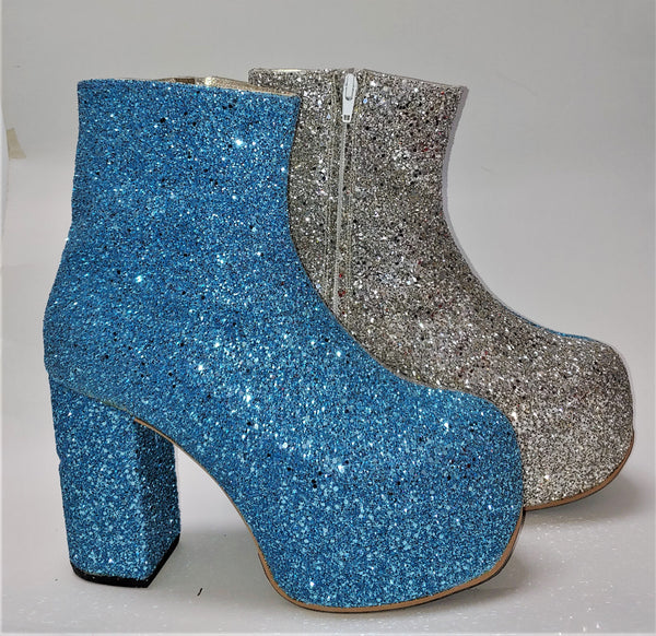 STARDUST "Harlequin" Platform Ankle Boots in Blue & Champagne Glitter