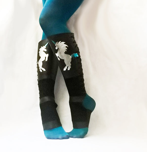 Black Aerial boots w/ Silver & Blue metallic UNICORNS + Suede Grip