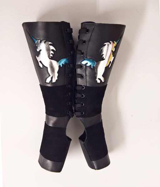 Black Aerial boots w/ Silver & Blue metallic UNICORNS + Suede Grip