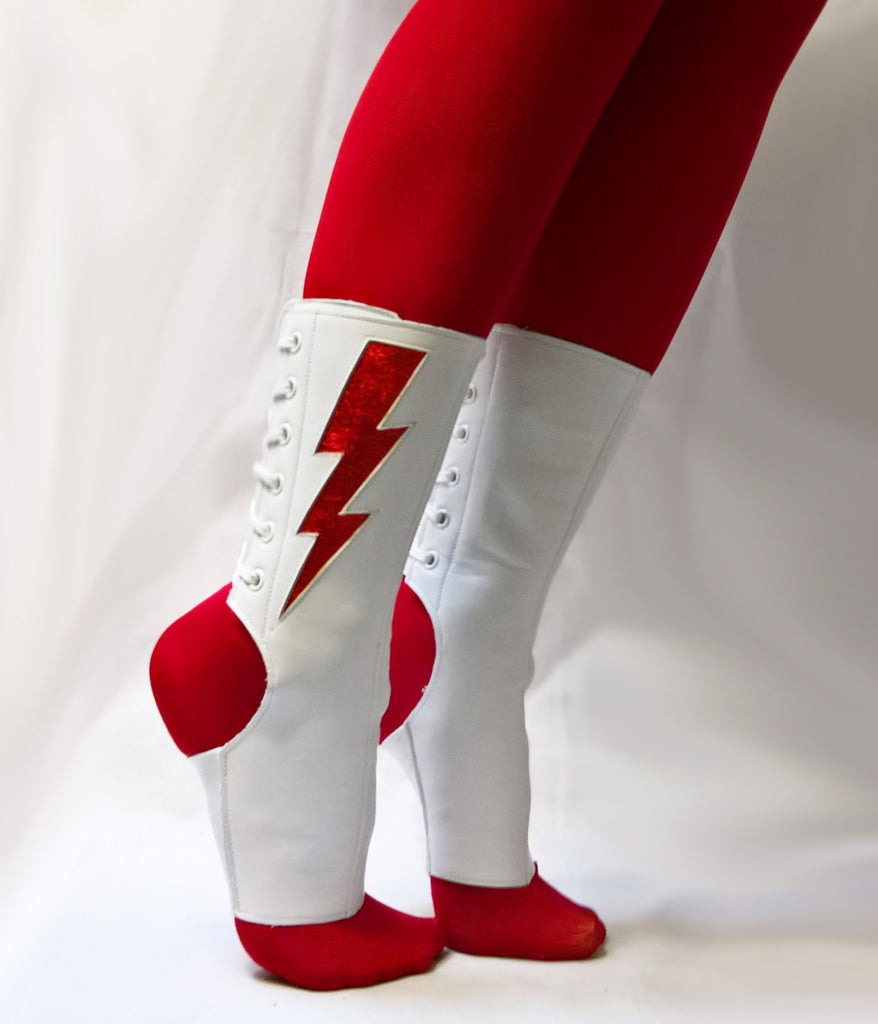 SHORT White Aerial boots w/ Red metallic lightning bolt